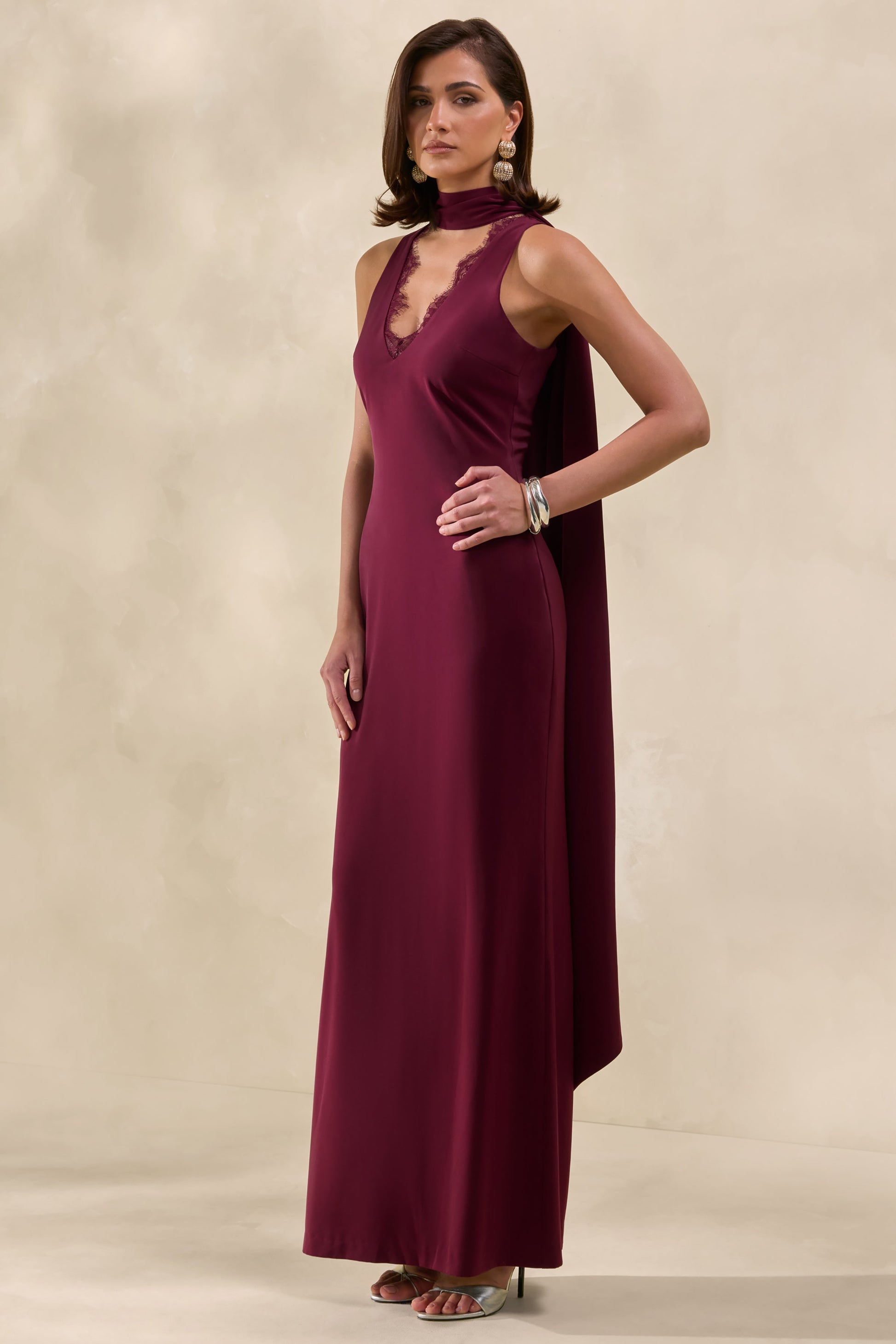 True Icon | Burgundy Satin High-Neck Maxi Slip Dress With Sash