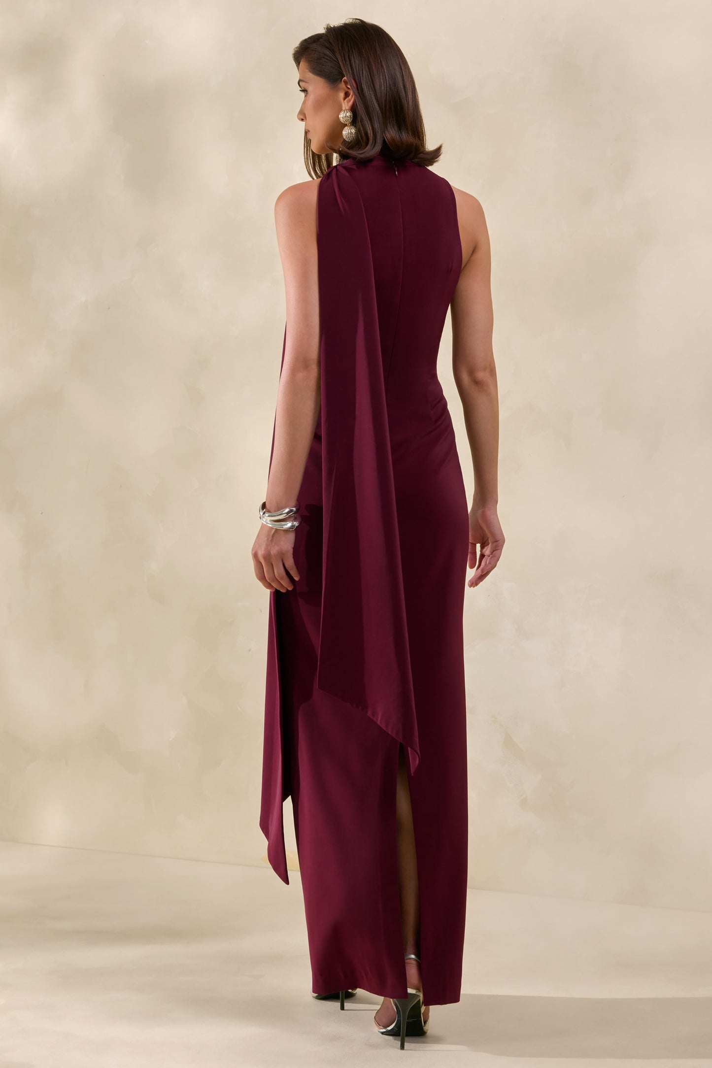 True Icon | Burgundy Satin High-Neck Maxi Slip Dress With Sash