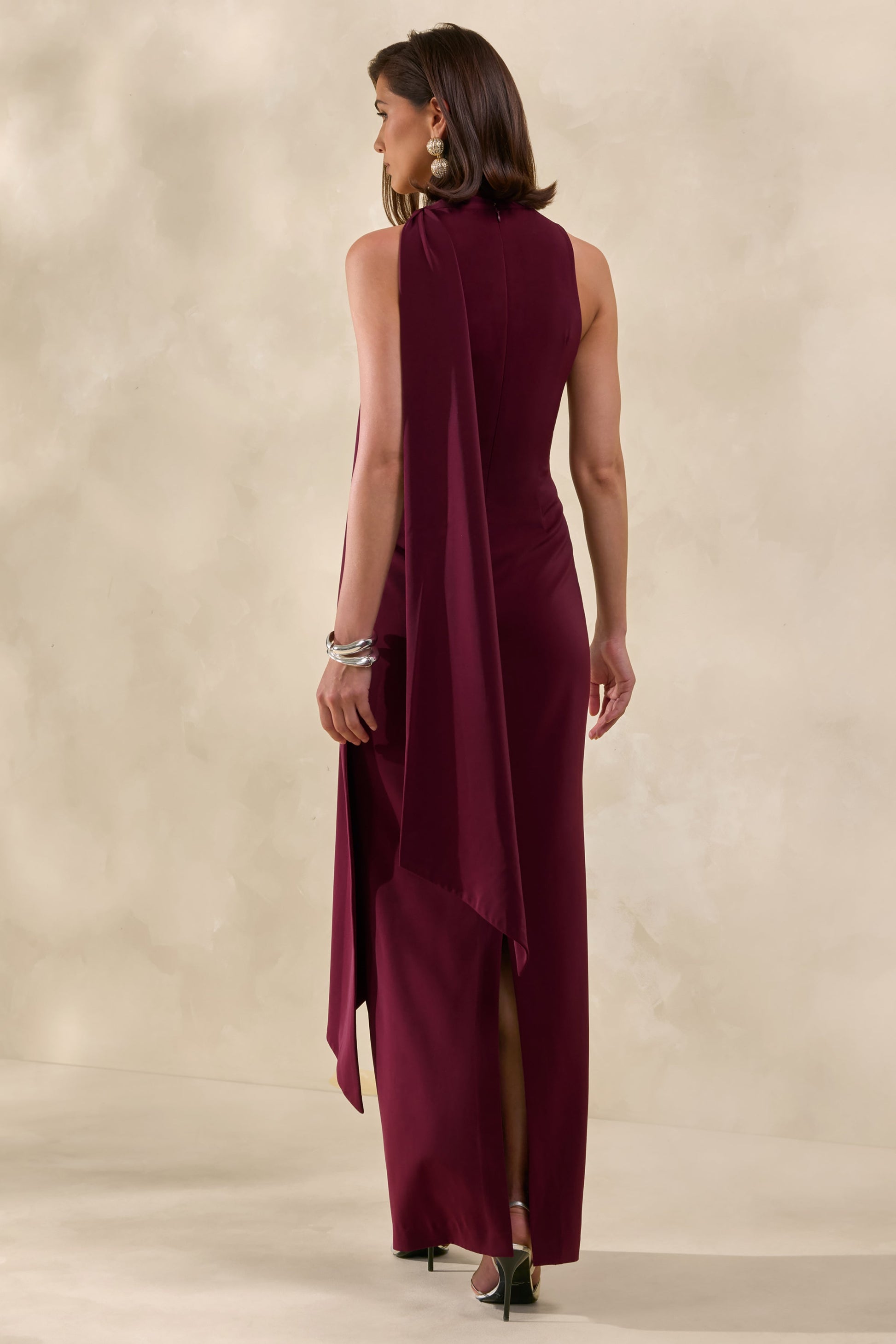 True Icon | Burgundy Satin High-Neck Maxi Slip Dress With Sash