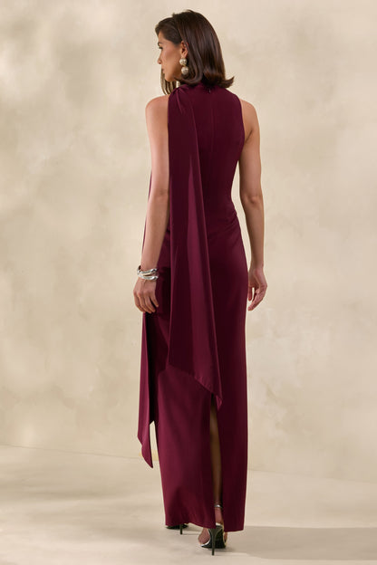 True Icon | Burgundy Satin High-Neck Maxi Slip Dress With Sash