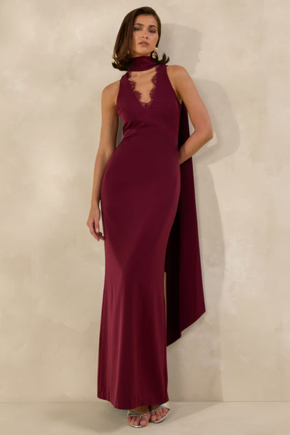 True Icon | Burgundy Satin High-Neck Maxi Slip Dress With Sash