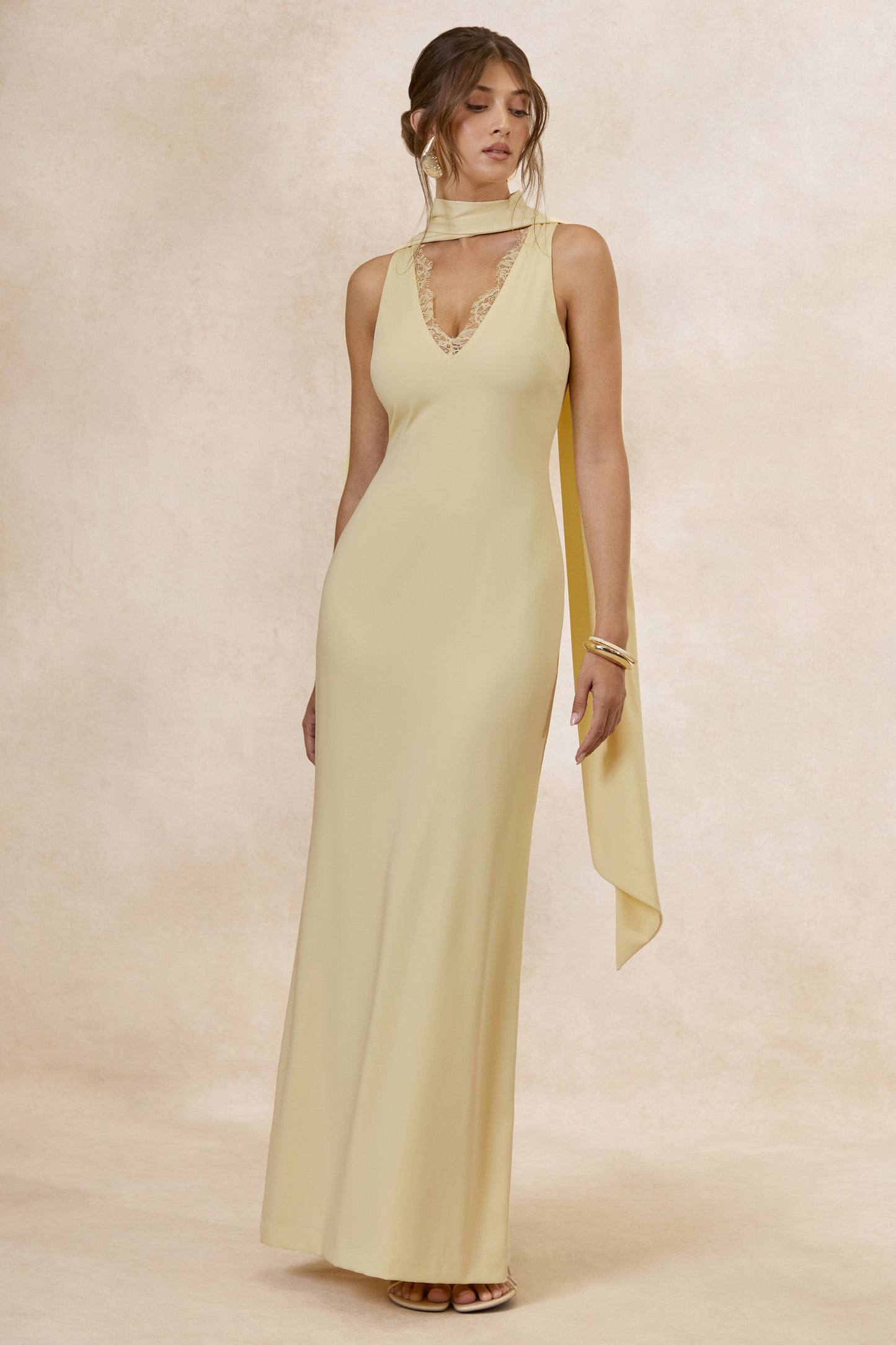 True Icon | Lemon Satin High-Neck Maxi Slip Dress With Sash