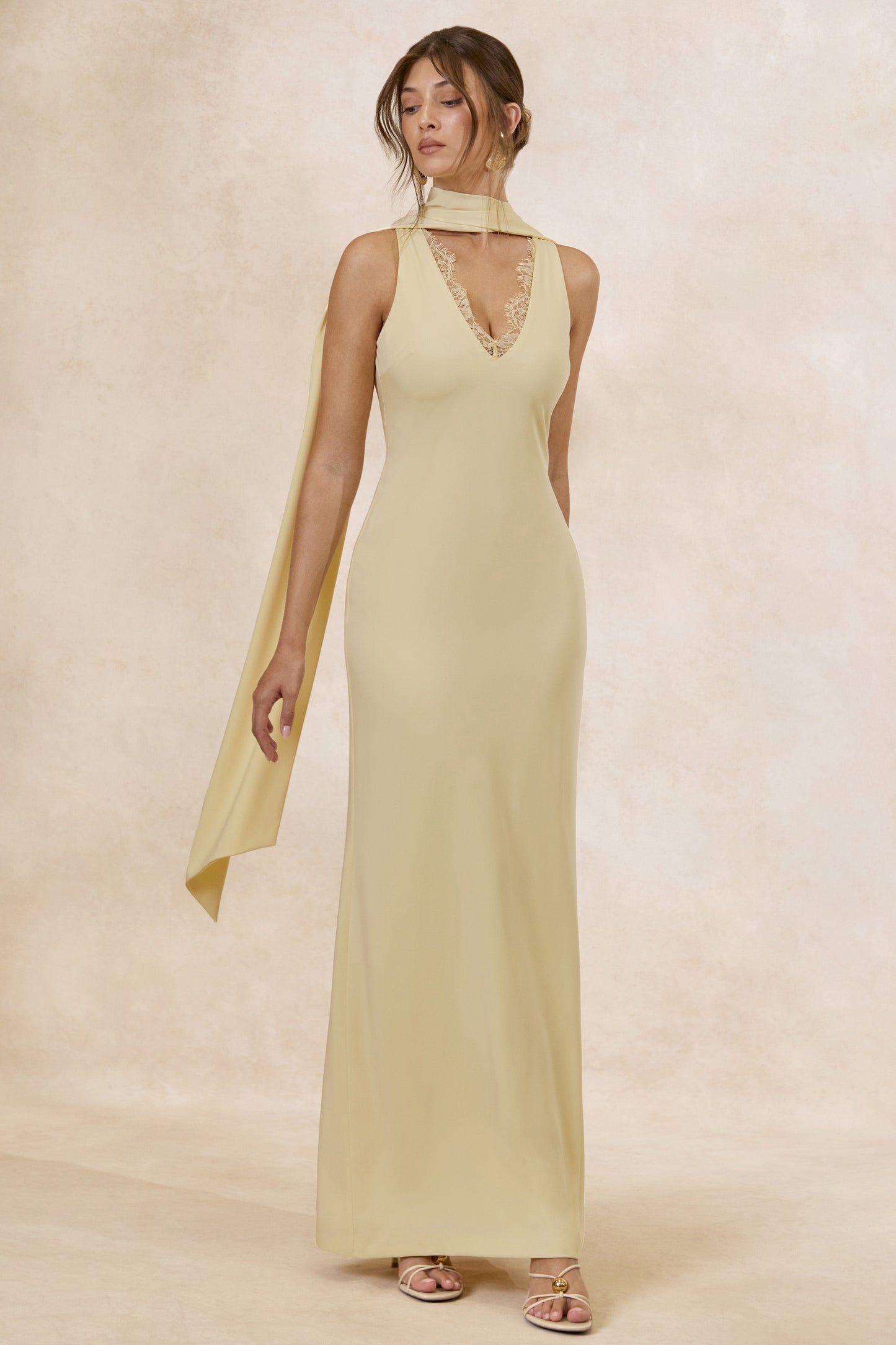 True Icon | Lemon Satin High-Neck Maxi Slip Dress With Sash