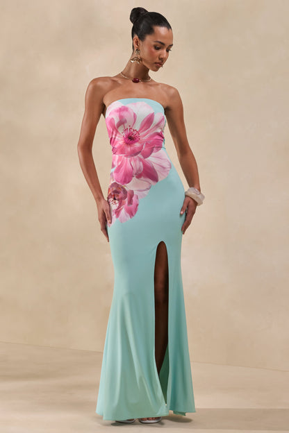 Lumia | Sage And Pink Placement Print Bandeau Maxi Dress