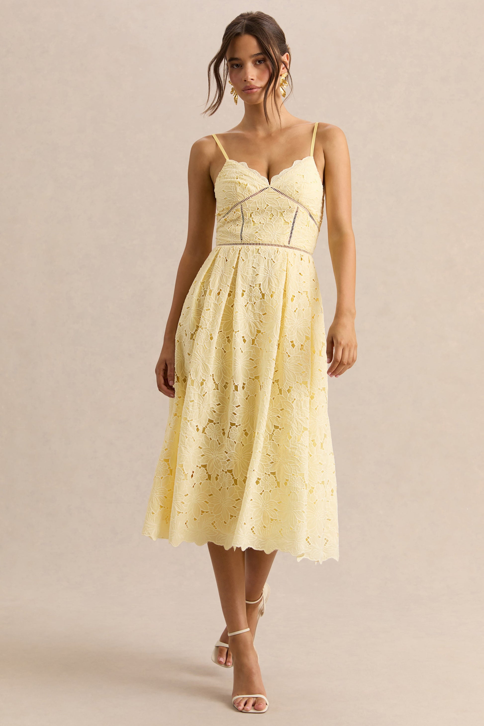 Nicoline | Lemon Lace Sweetheart Midi Dress With Cami Straps