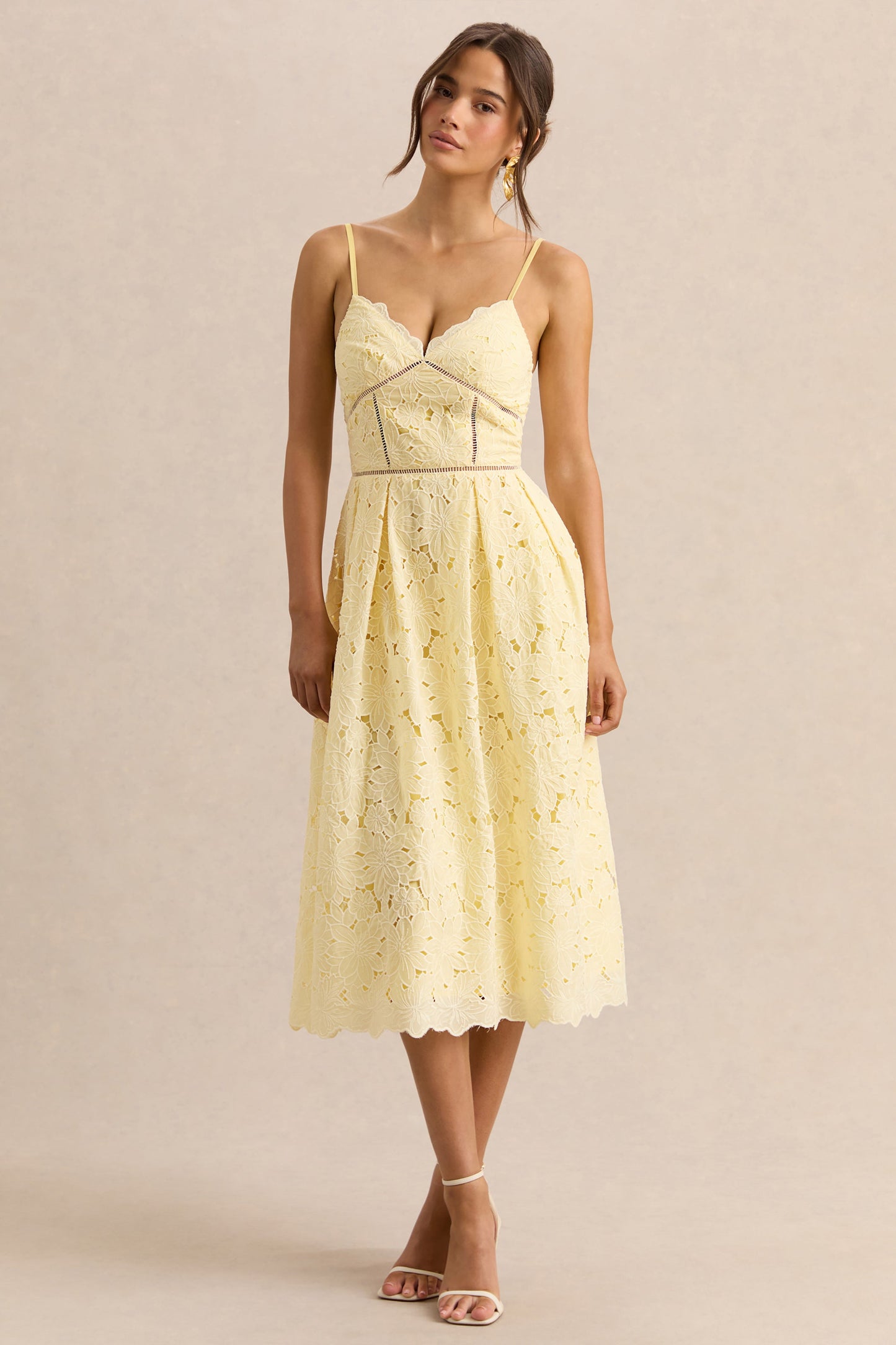 Nicoline | Lemon Lace Sweetheart Midi Dress With Cami Straps