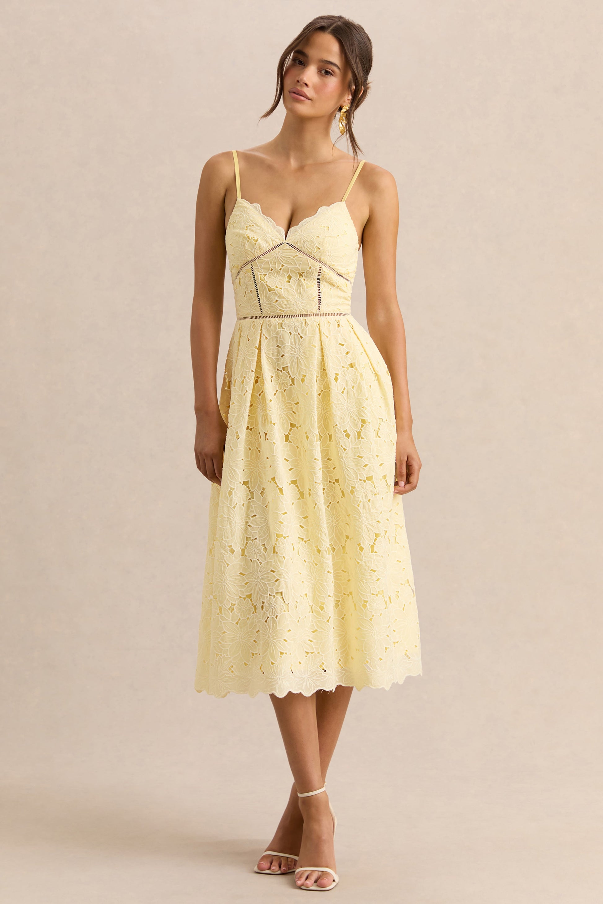 Nicoline | Lemon Lace Sweetheart Midi Dress With Cami Straps