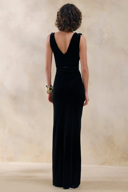 Jovita | Black Velvet Cowl-Neck Maxi Dress With Gathered-Detailing