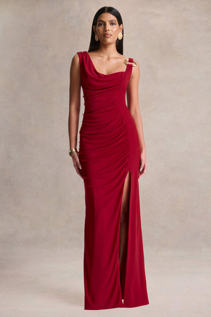 Vesperelle | Red Scoop-Neck Maxi Dress With Gathered-Detailing
