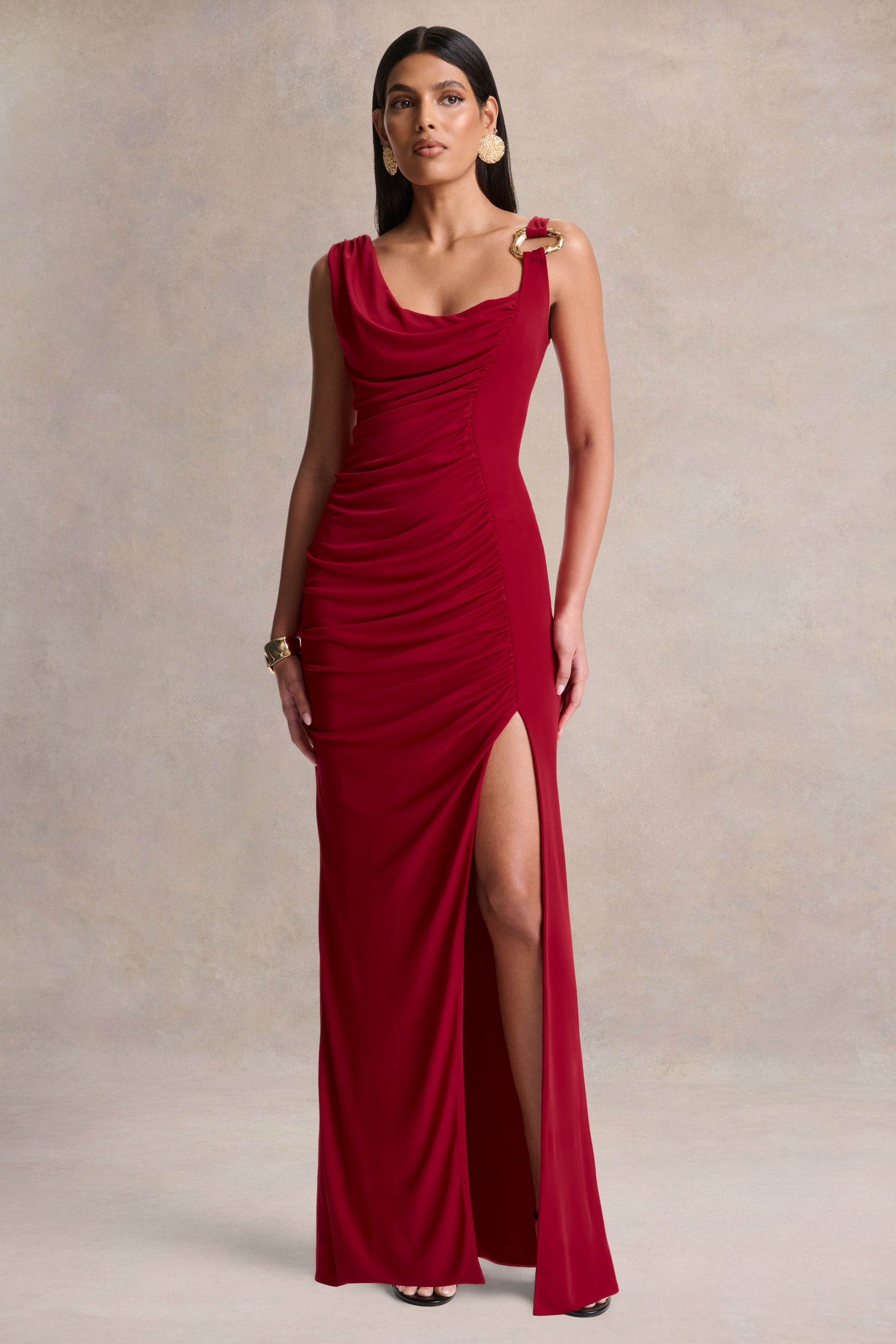 Vesperelle | Red Scoop-Neck Maxi Dress With Gathered-Detailing
