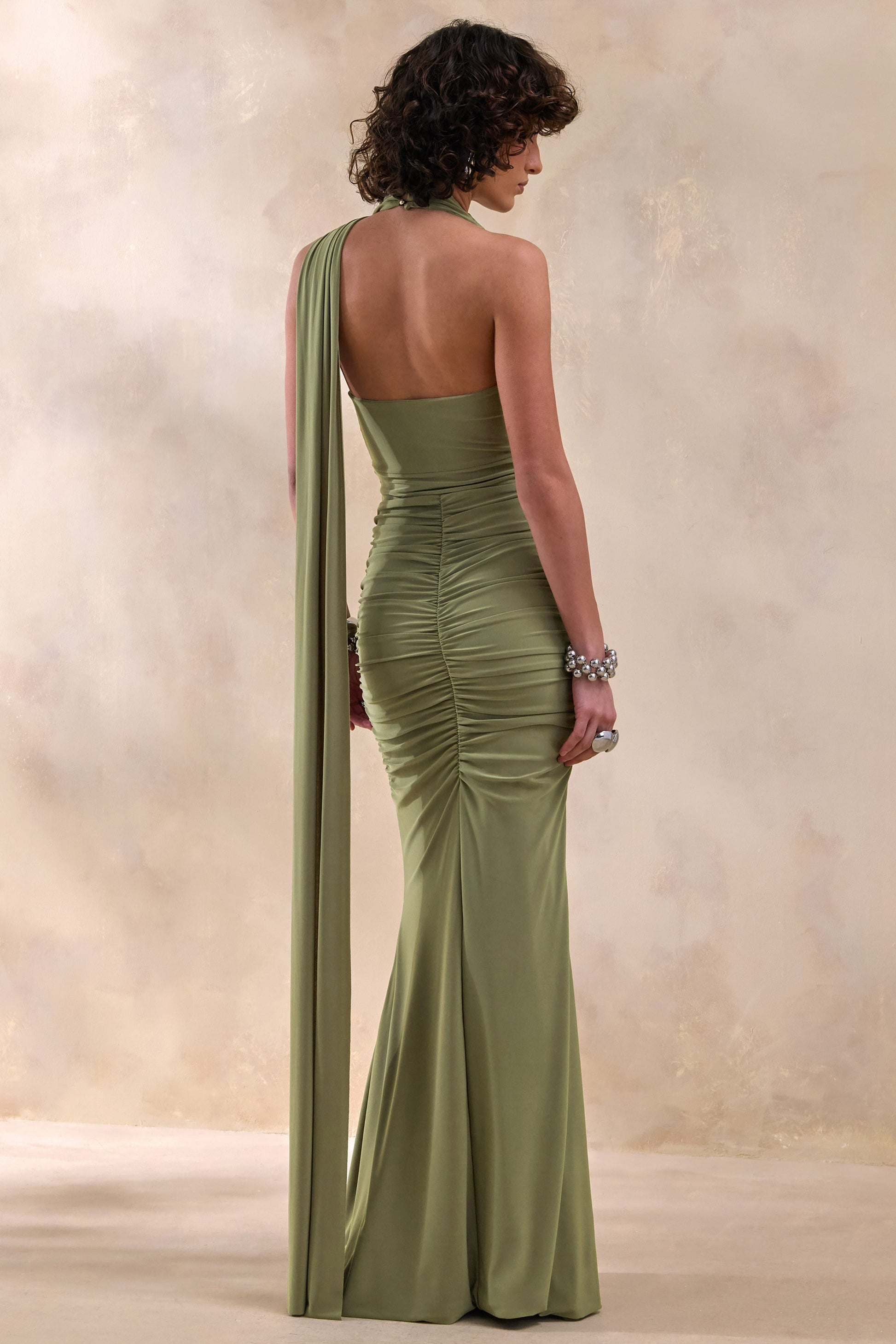 Roselani | Olive Halter-Neck Maxi Dress With Open-Back