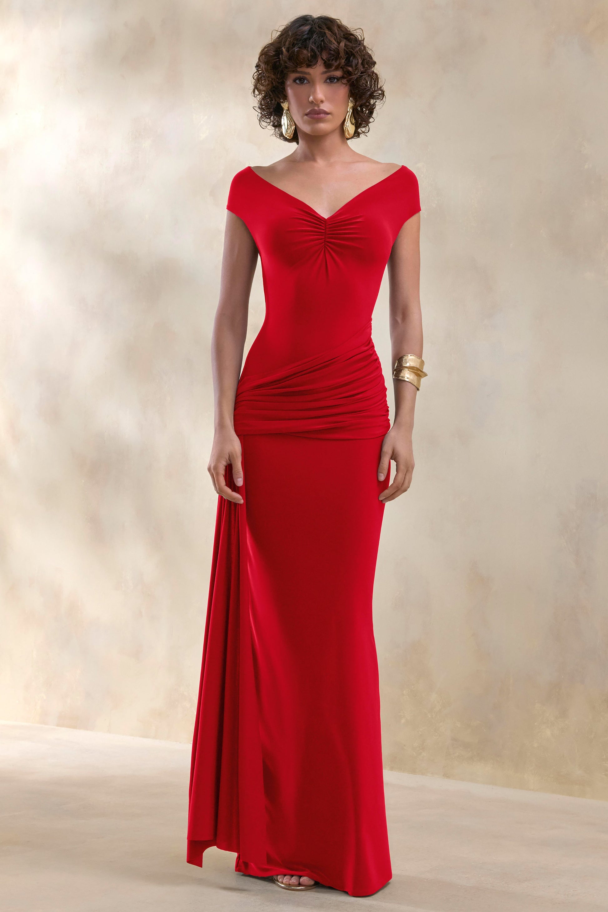 Petronia | Red V-Neck Maxi Dress With Wrap-Detail