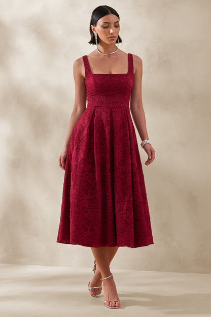 Ashmara | Burgundy Lace Square-Neck Midi Dress