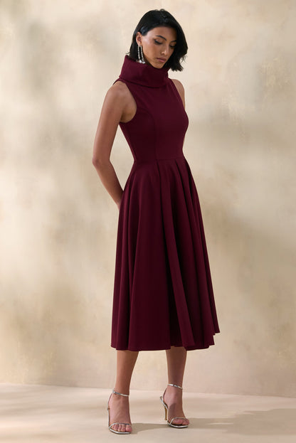 Exclusivity | Burgundy High-Neck Midi Dress