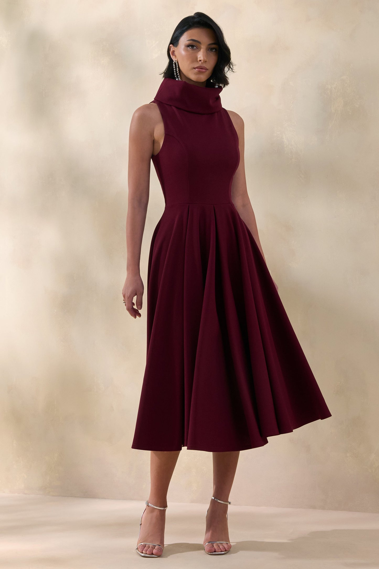 Exclusivity | Burgundy High-Neck Midi Dress