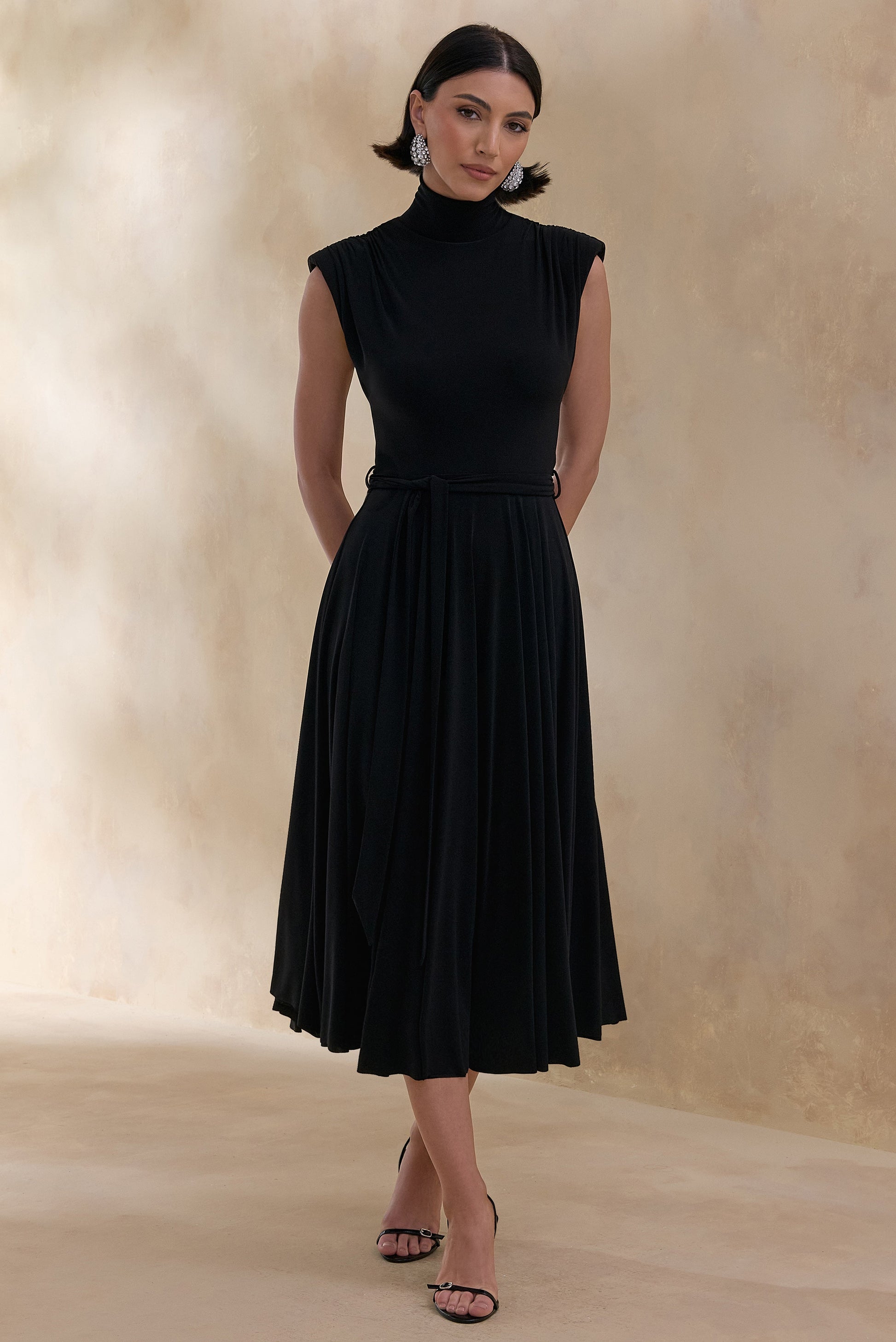 Roselena | Black High-Neck Midi Dress