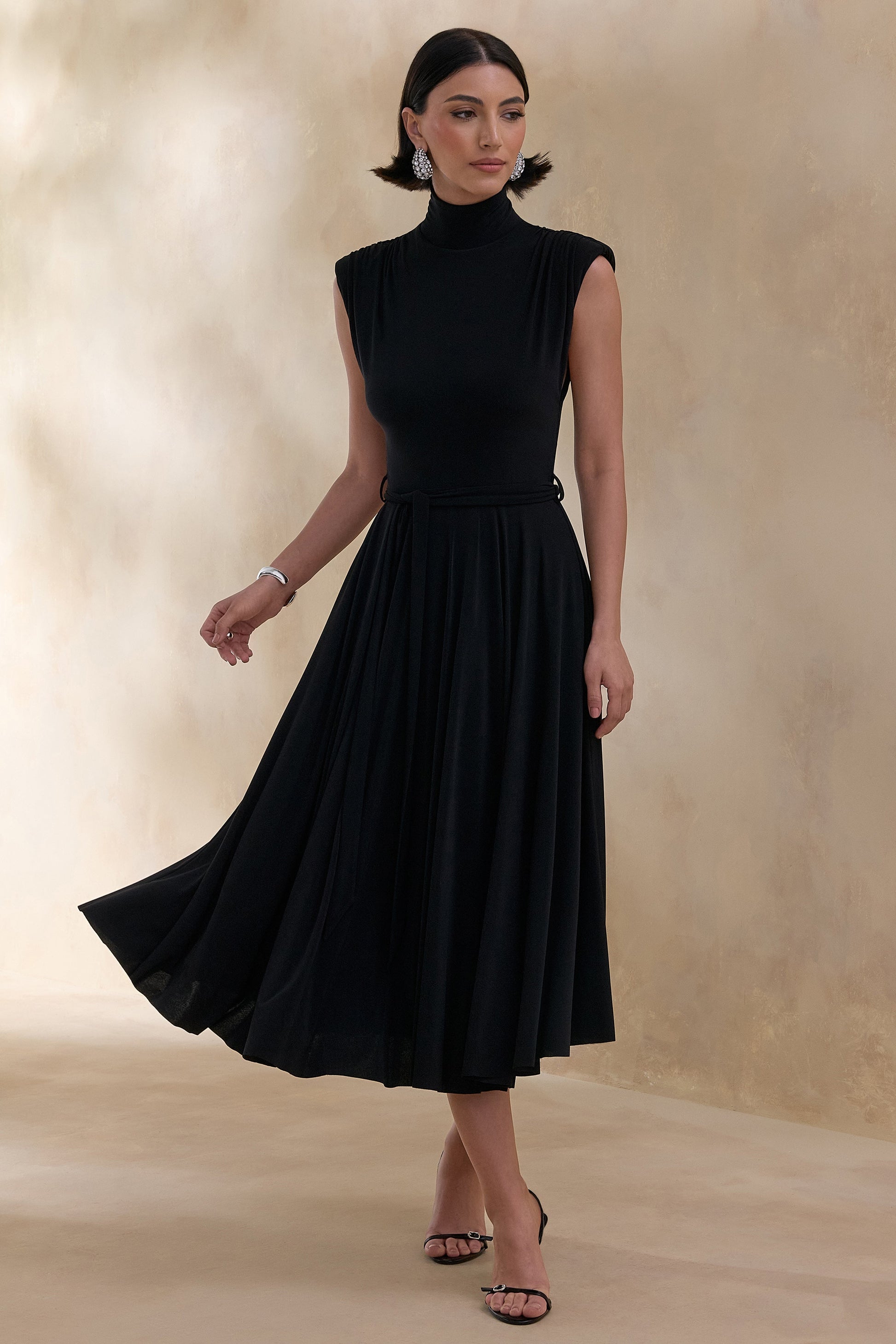 Roselena | Black High-Neck Midi Dress