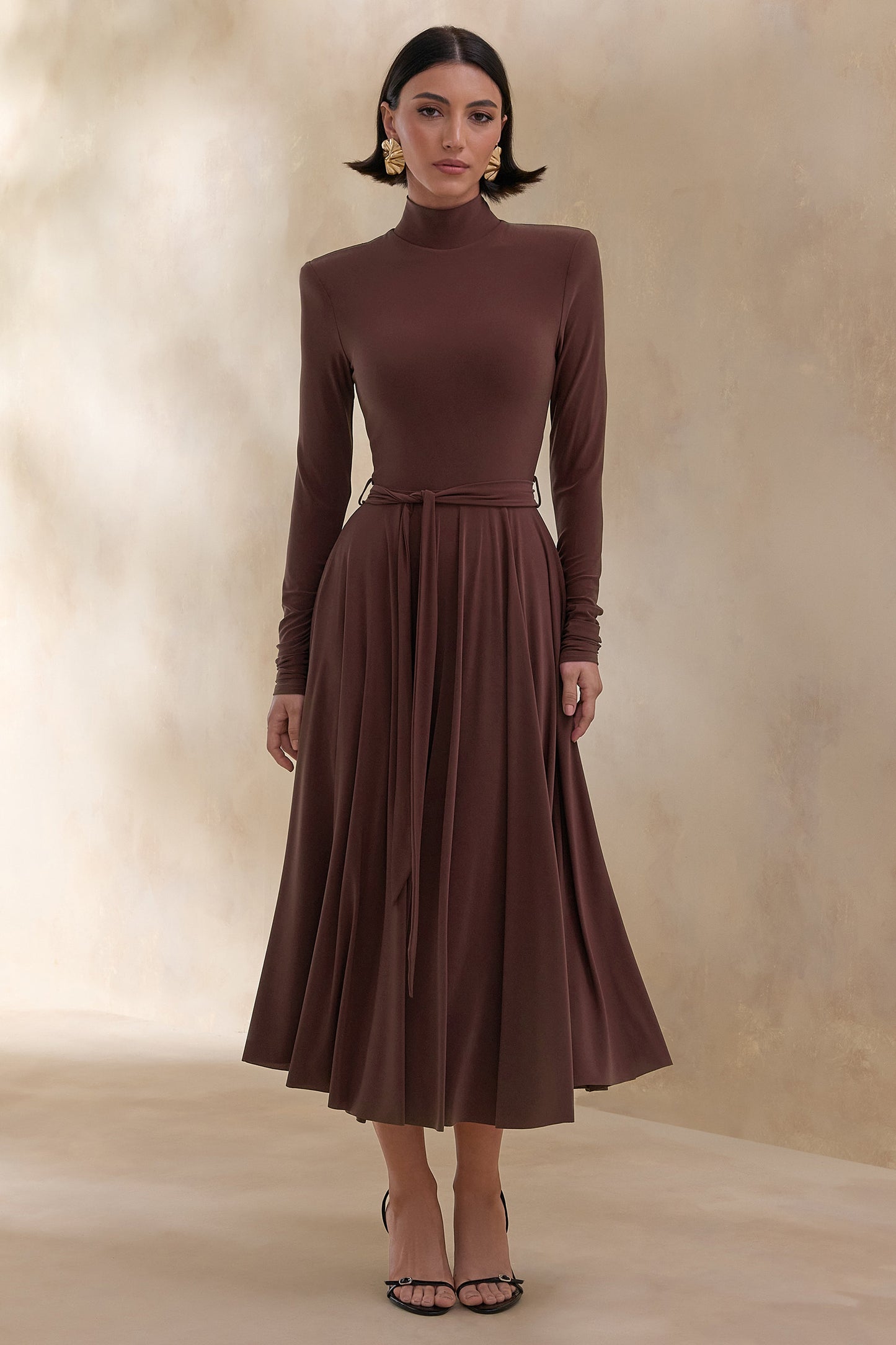 Opalia | Brown High-Neck Belted Midi Dress