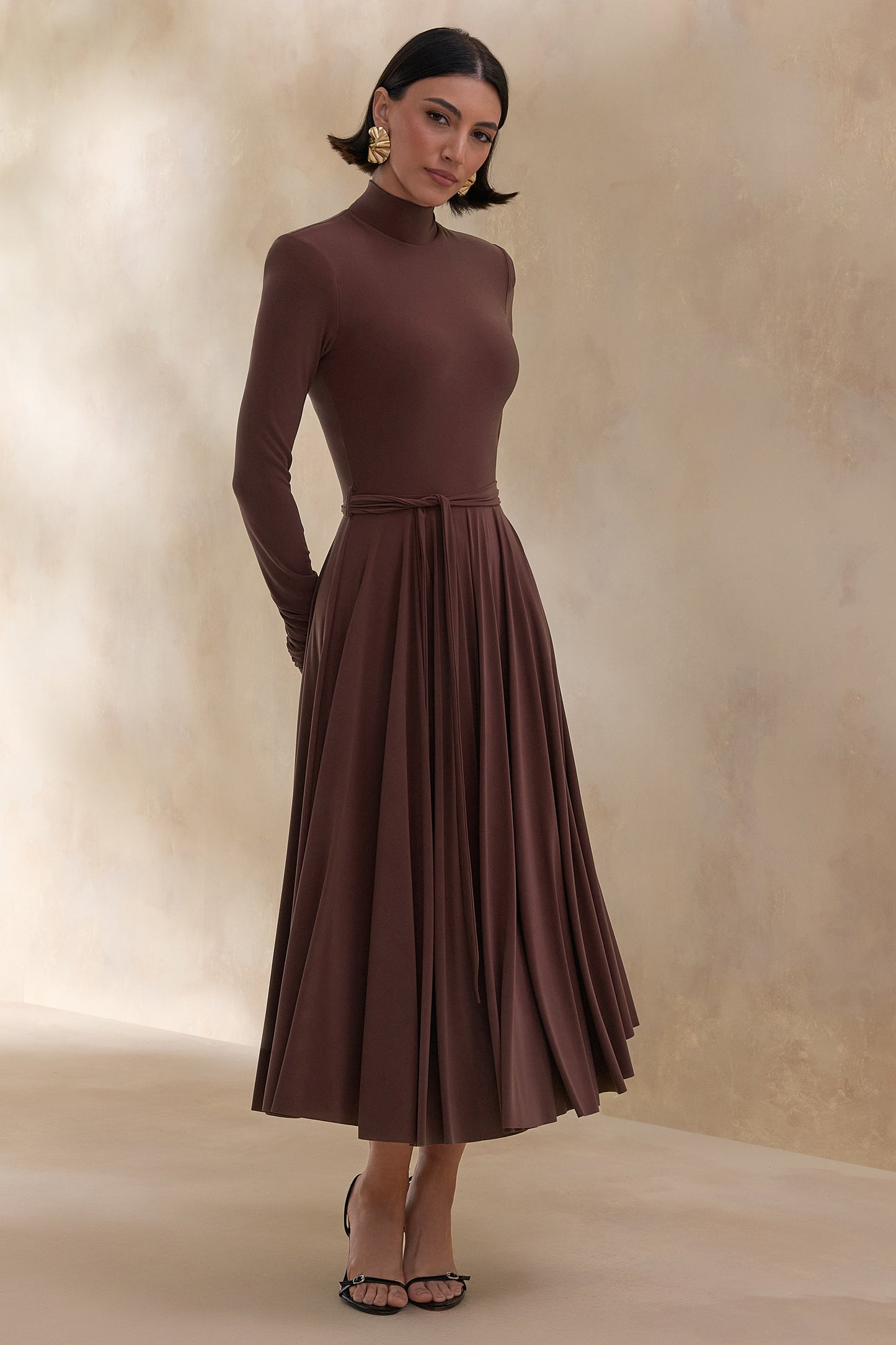 Opalia | Brown High-Neck Belted Midi Dress