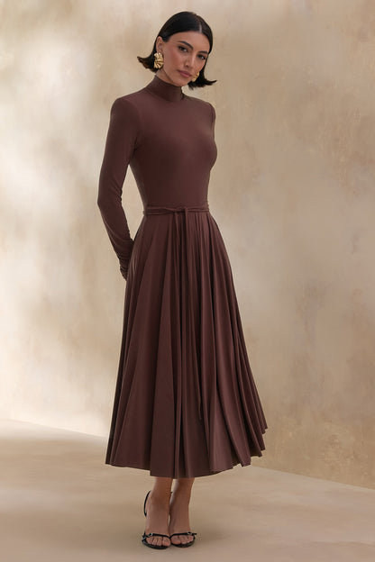 Opalia | Brown High-Neck Belted Midi Dress