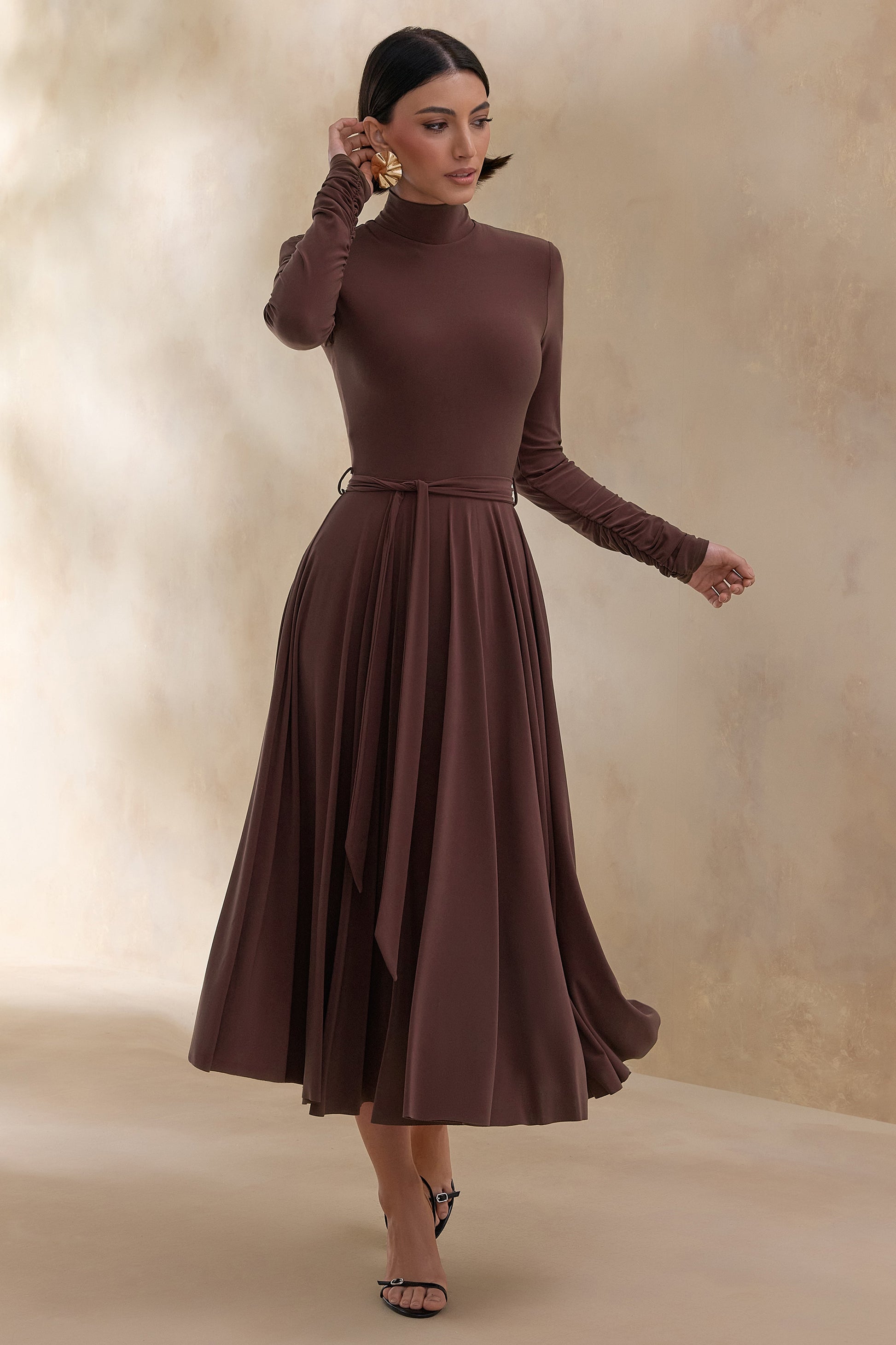 Opalia | Brown High-Neck Belted Midi Dress
