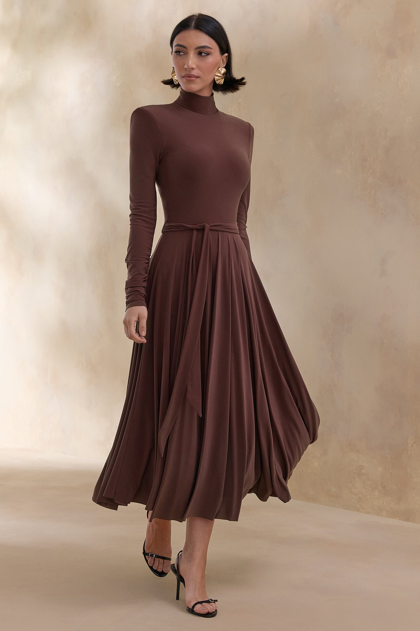 Opalia | Brown High-Neck Belted Midi Dress