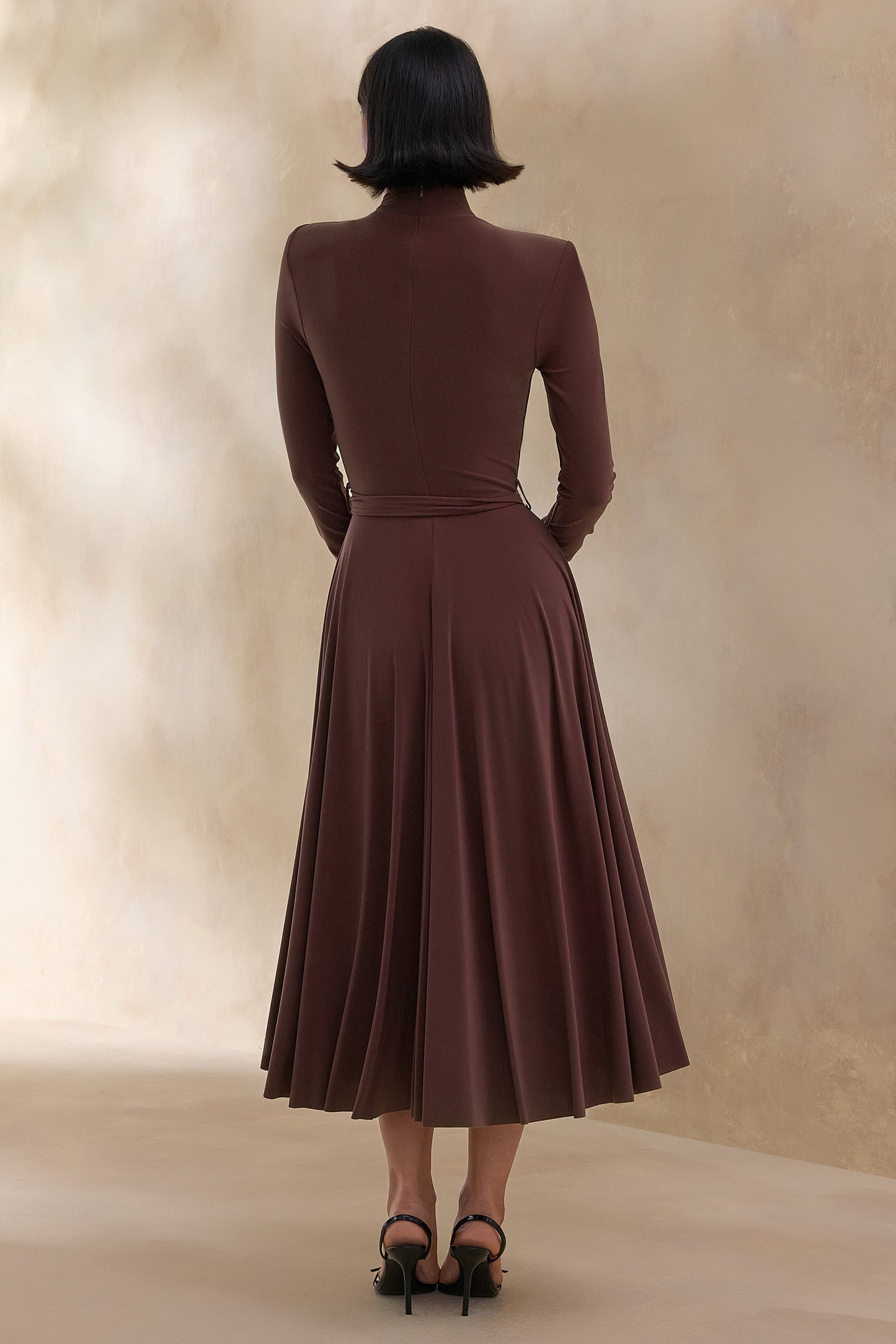 Opalia | Brown High-Neck Belted Midi Dress
