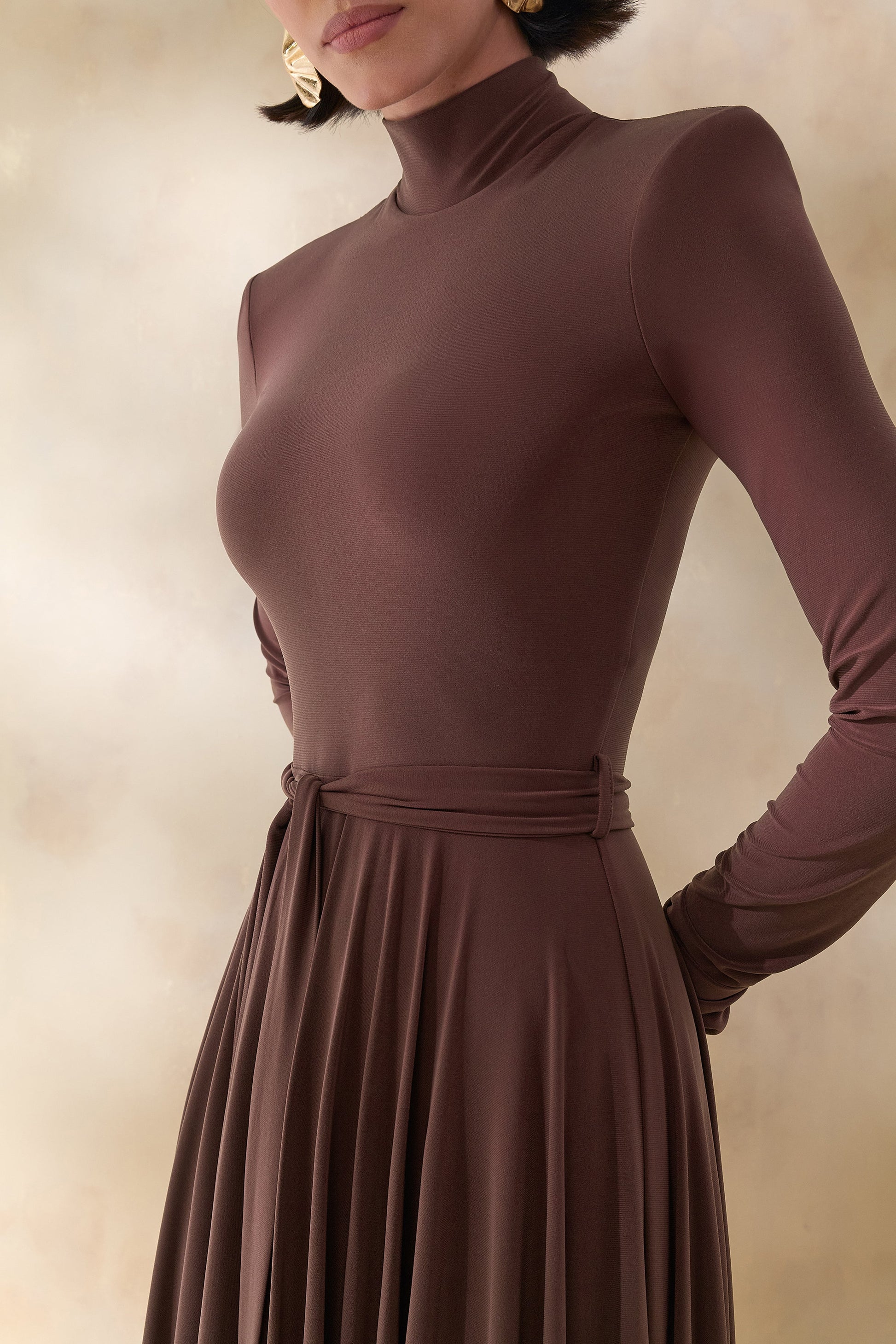 Opalia | Brown High-Neck Belted Midi Dress
