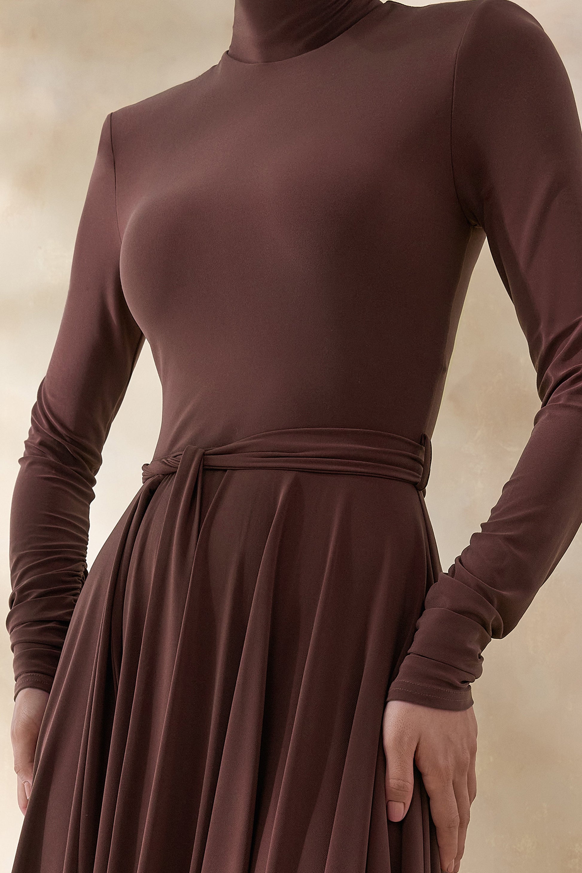 Opalia | Brown High-Neck Belted Midi Dress