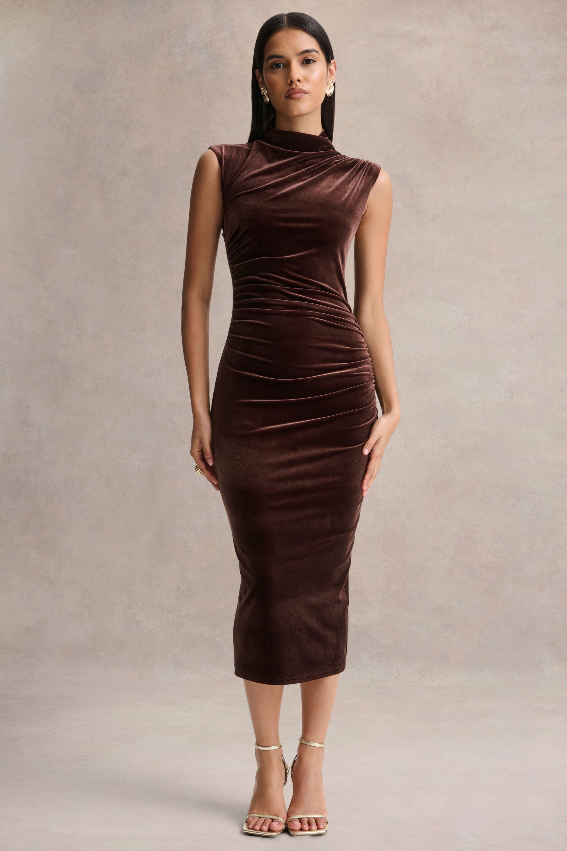 Novine | Brown Velvet High-Neck Midi Dress