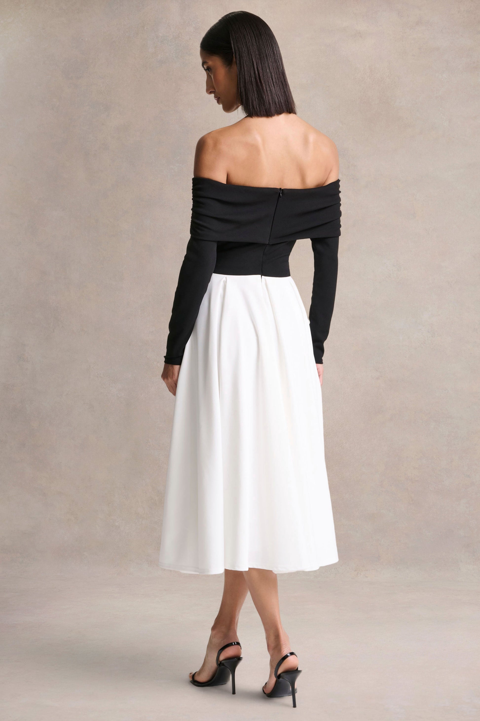 Frederica | Black And White Bardot-Neck Midi Dress