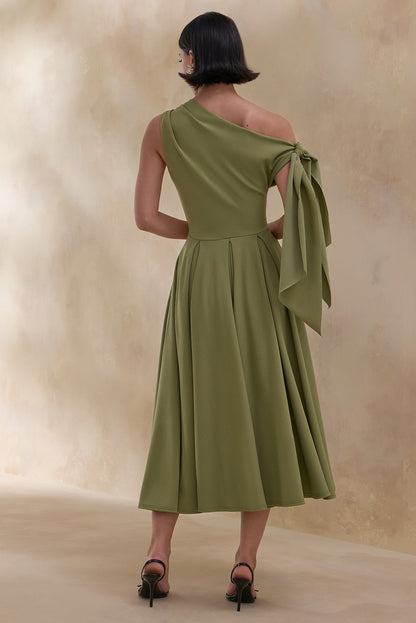 Daring | Olive Asymmetric-Neck Midi Dress With Knot-Detail