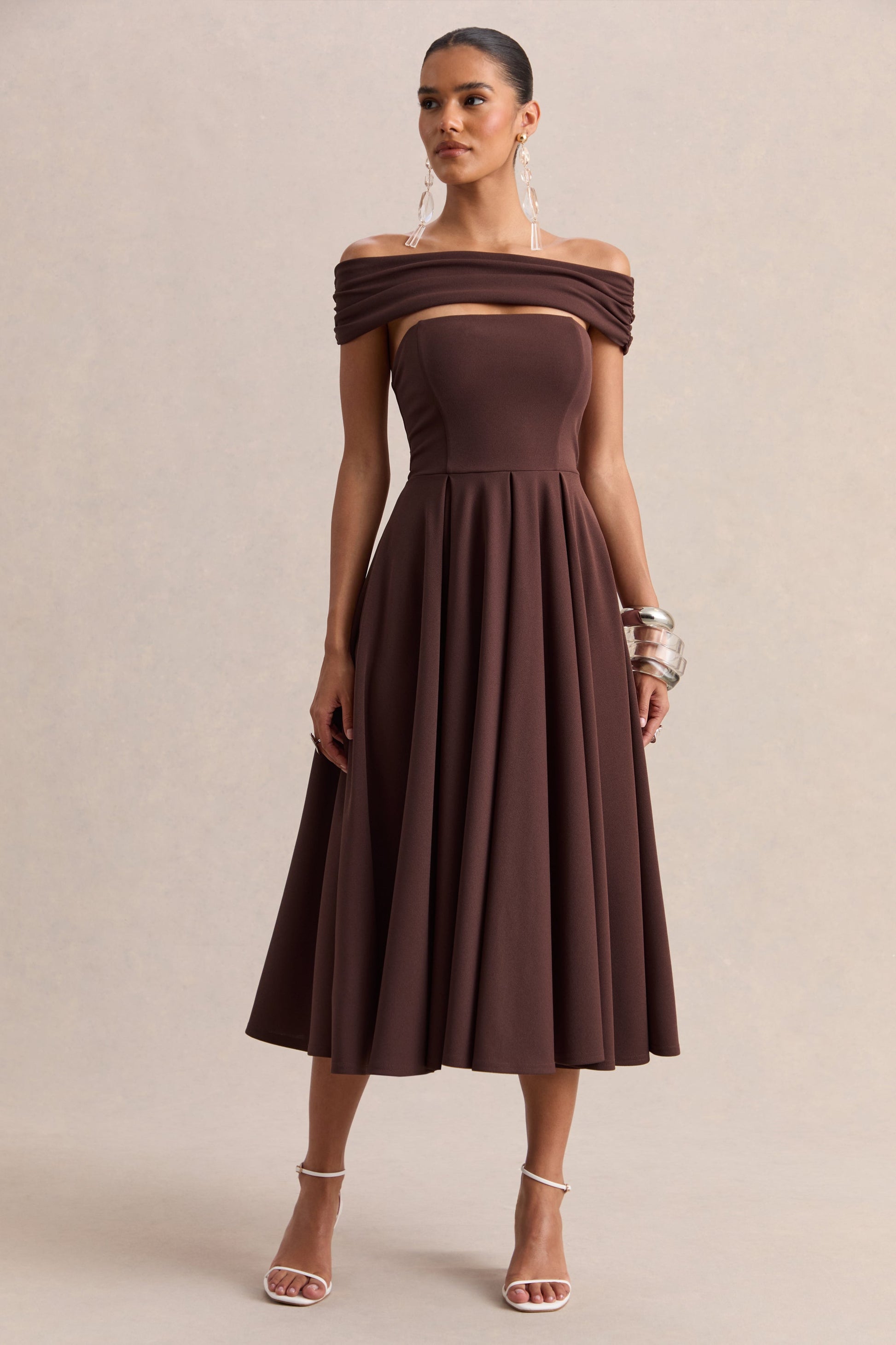 Mavina | Brown Bardot-Neck Midi Dress