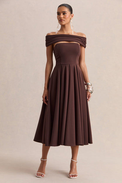 Mavina | Brown Bardot-Neck Midi Dress