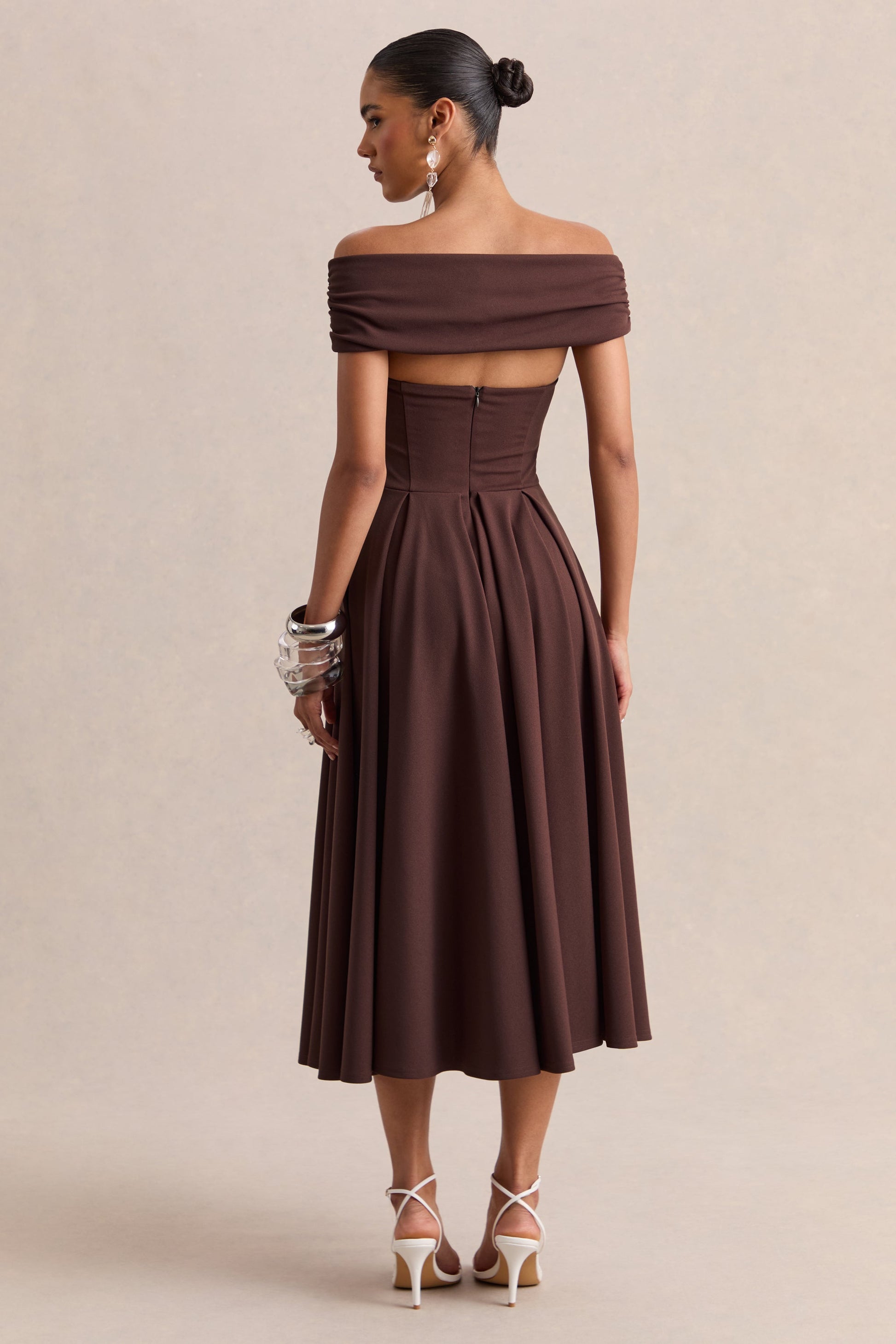 Mavina | Brown Bardot-Neck Midi Dress