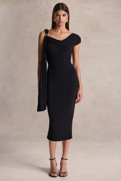 Mirelda | Black Asymmetric-Neck Midi Dress With Gold-Detail