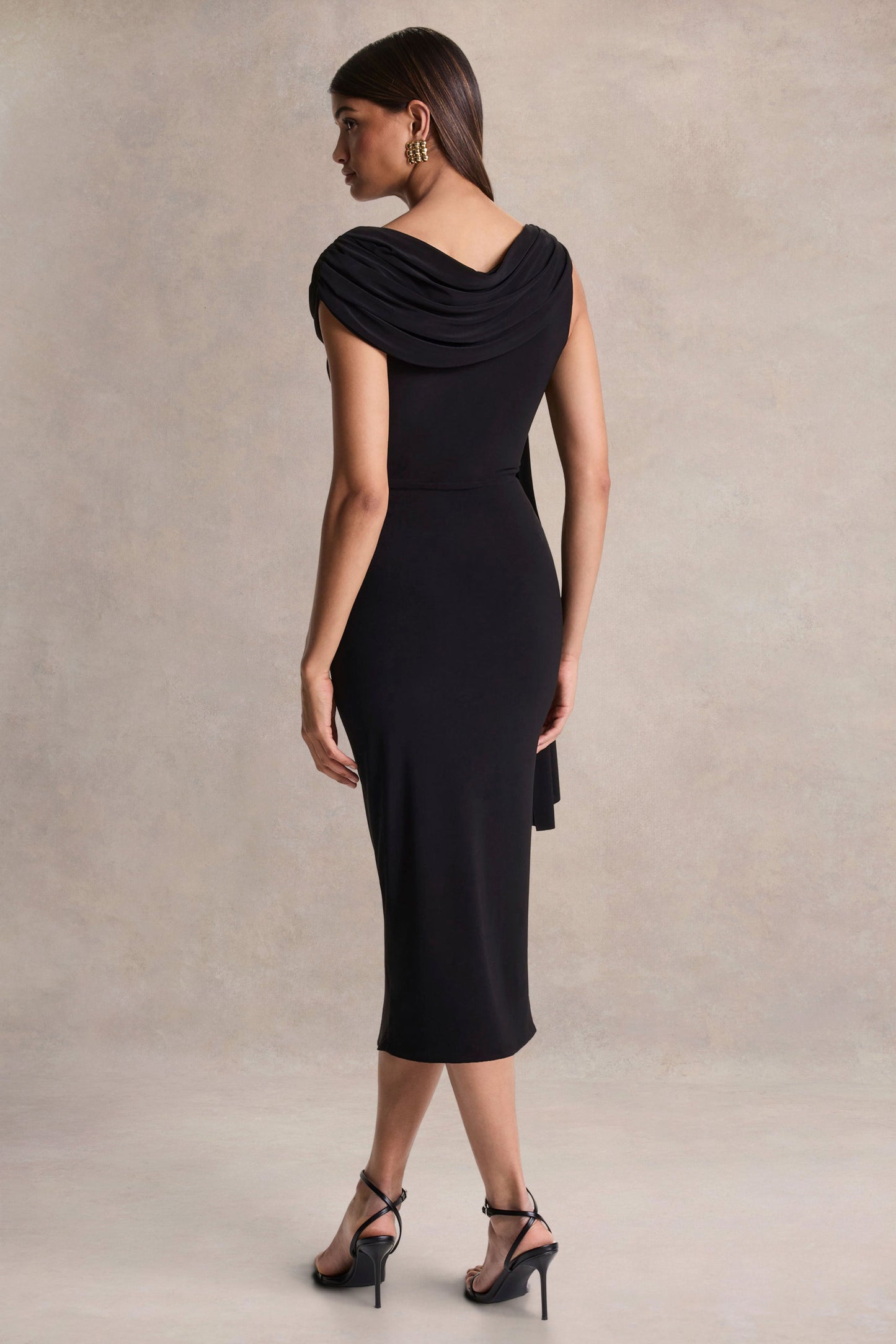 Mirelda | Black Asymmetric-Neck Midi Dress With Gold-Detail