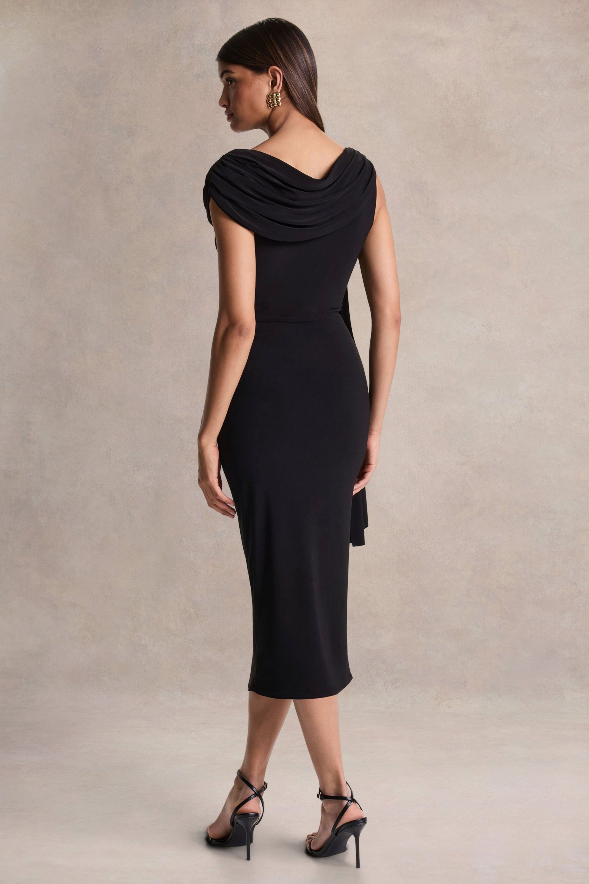 Mirelda | Black Asymmetric-Neck Midi Dress With Gold-Detail