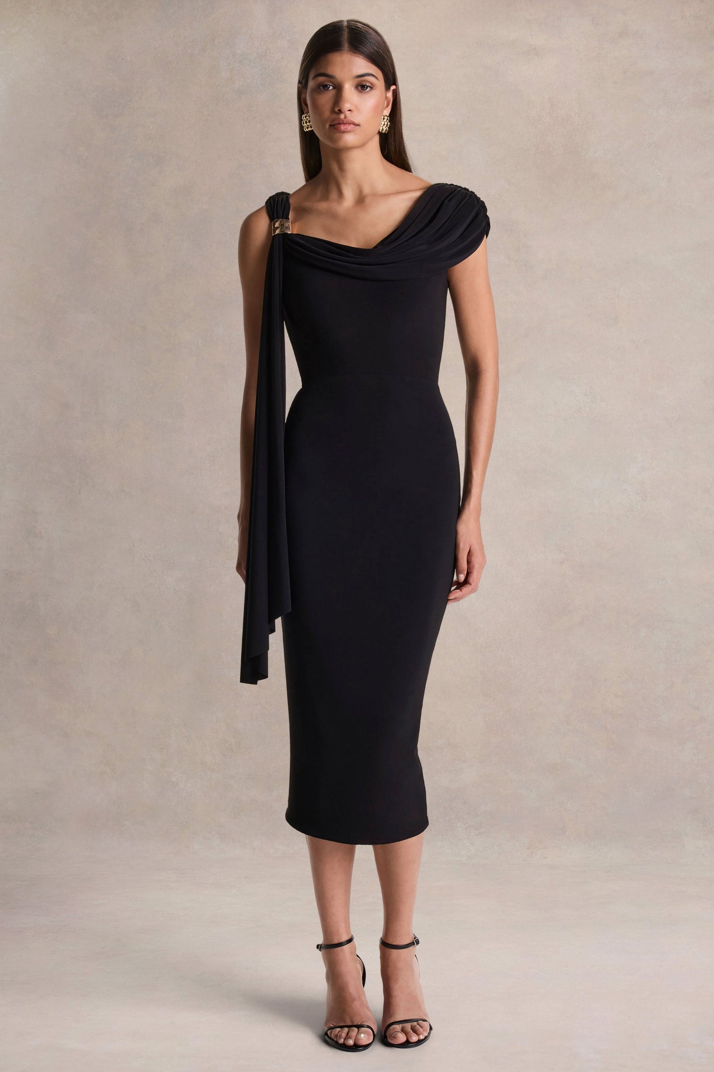 Mirelda | Black Asymmetric-Neck Midi Dress With Gold-Detail