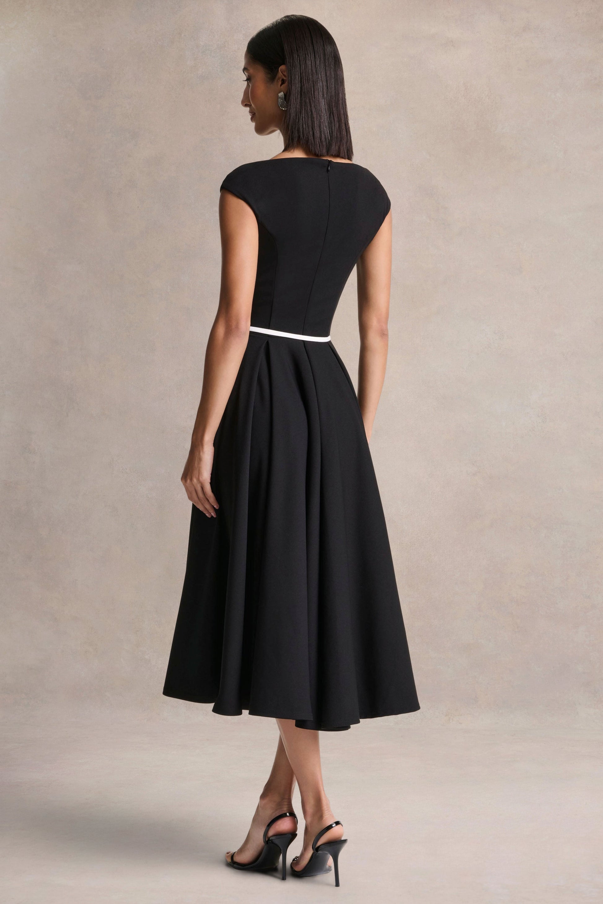 Nataline | Black Round-Neck Midi Dress With White Belt-Detail