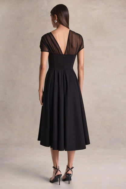 Rosette | Black Asymmetric-Neck Midi Dress