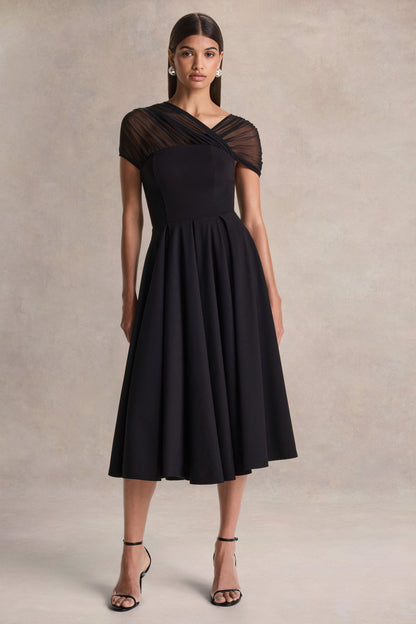 Rosette | Black Asymmetric-Neck Midi Dress