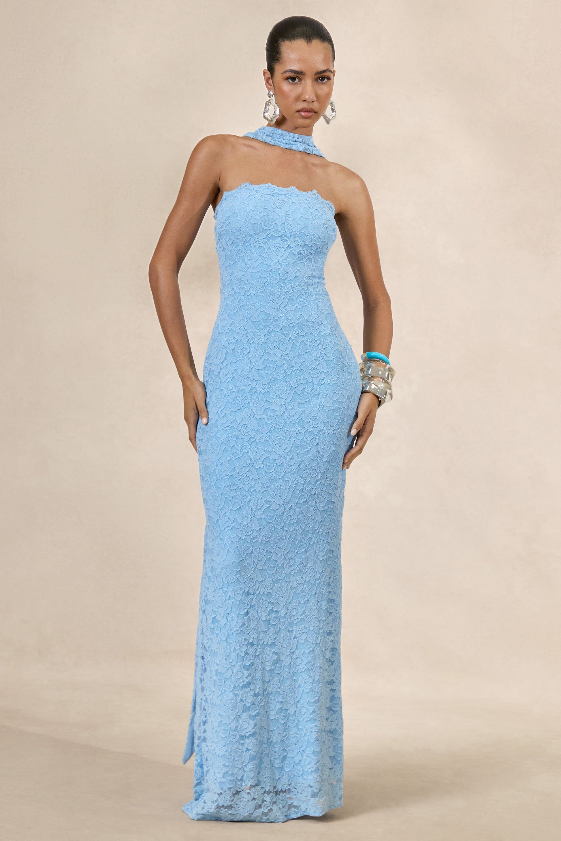 Massima | Light Blue Lace Bandeau Maxi Dress With Scarf-Detail