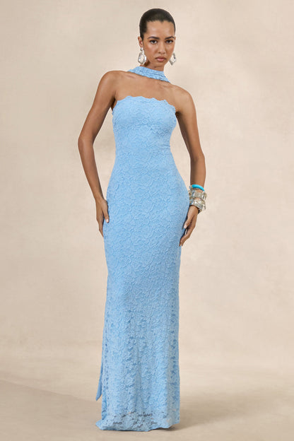 Massima | Light Blue Lace Bandeau Maxi Dress With Scarf-Detail