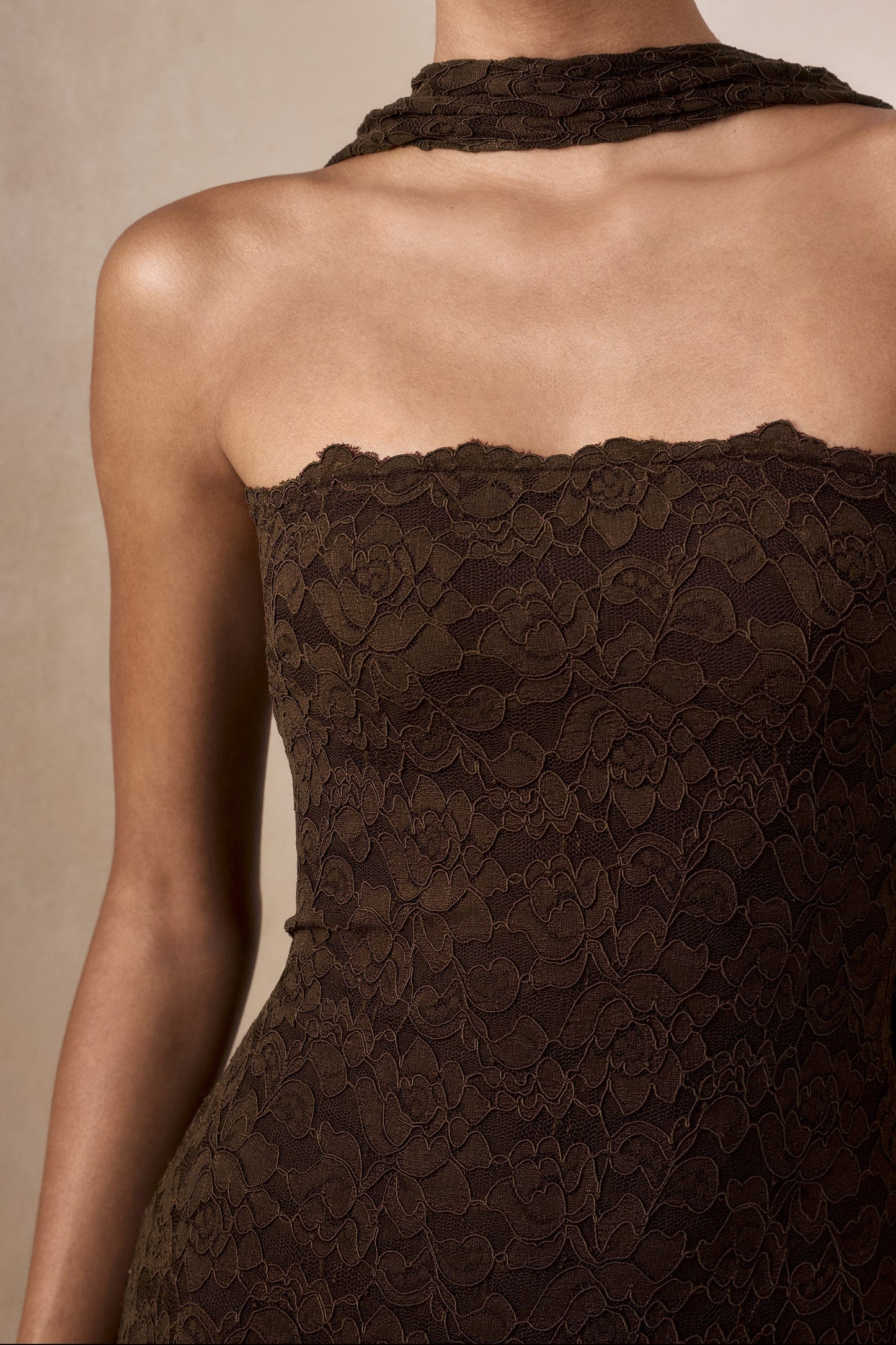 Massima | Brown Lace Bandeau Maxi Dress With Scarf-Detail