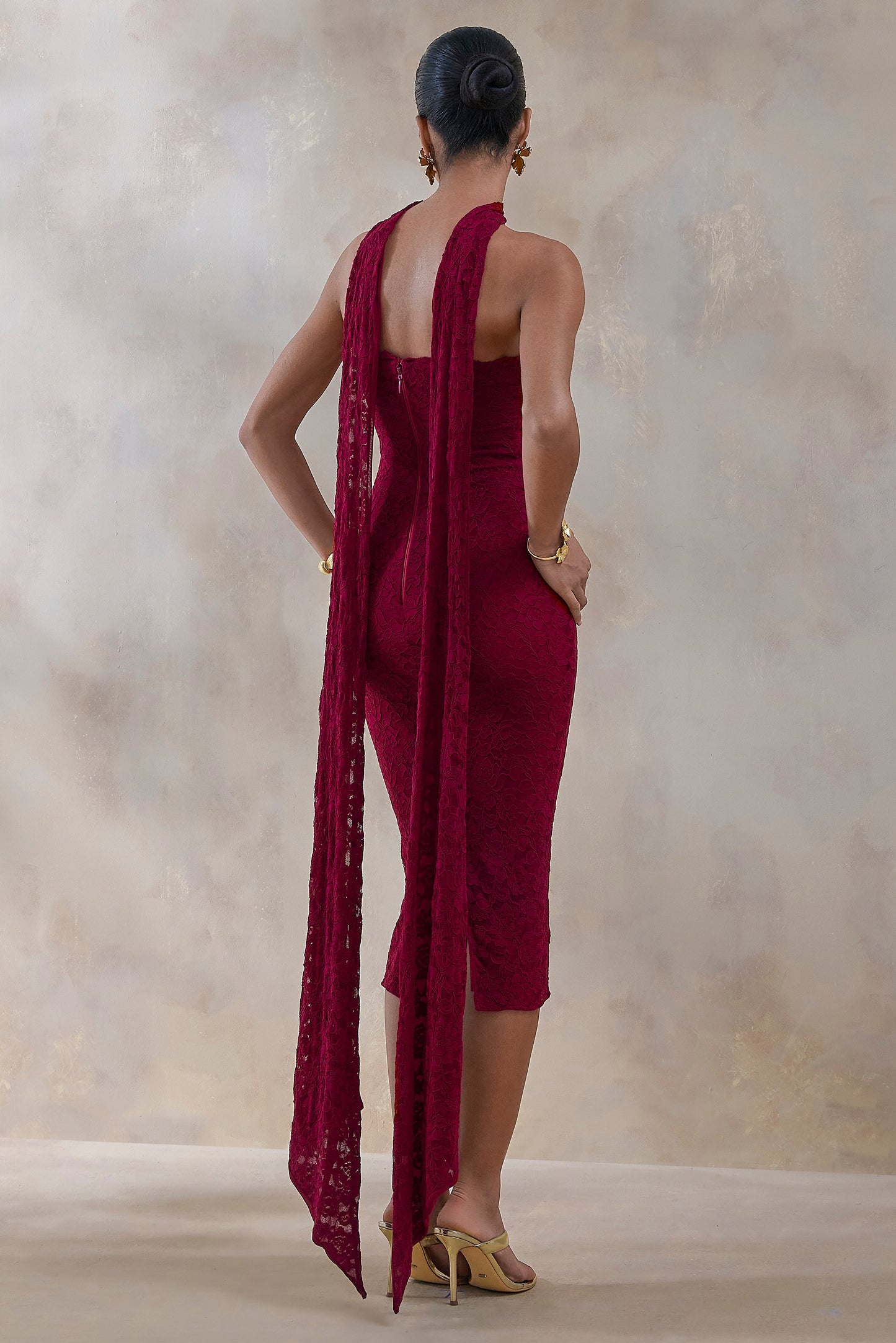 Rosaria | Burgundy Lace Bandeau Midi Dress With Scarf-Detail