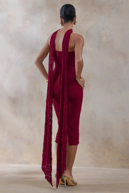 Rosaria | Burgundy Lace Bandeau Midi Dress With Scarf-Detail