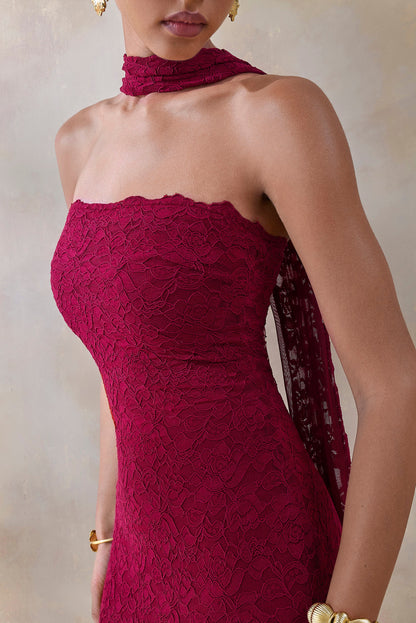 Rosaria | Burgundy Lace Bandeau Midi Dress With Scarf-Detail
