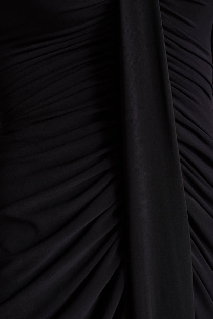 Rosetta | Black Sweetheart-Neck Midi Dress With Sheer-Sleeves