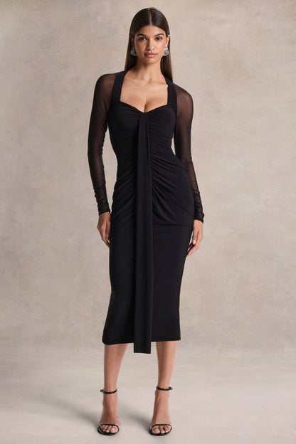 Rosetta | Black Sweetheart-Neck Midi Dress With Sheer-Sleeves